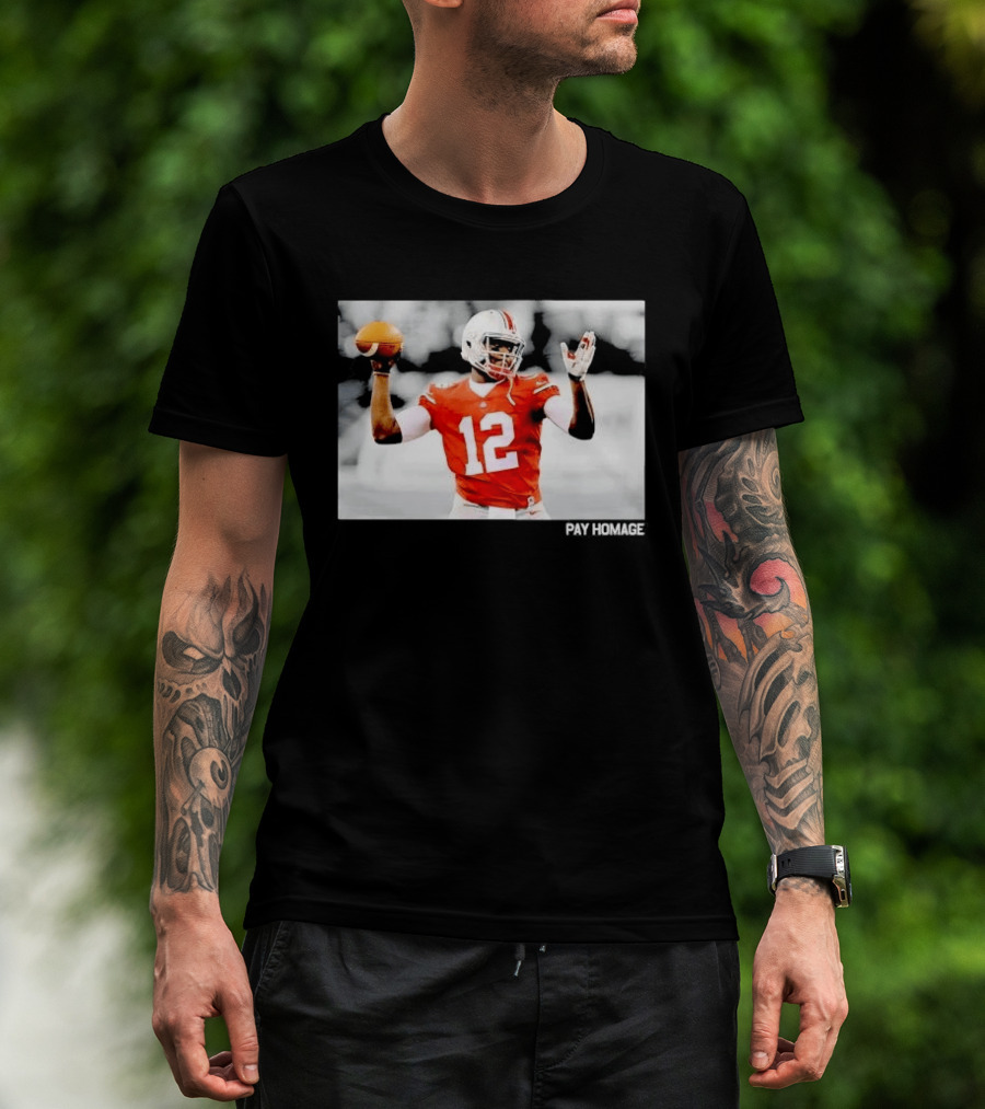 Ohio State Buckeyes Quarterback Number 12 Throwing Football Selective Color Pay Homage T-Shirt