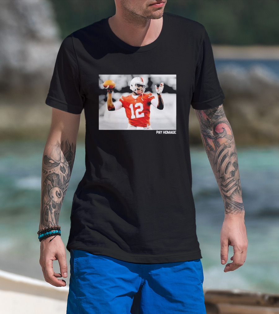 Ohio State Buckeyes Quarterback Number 12 Throwing Football Selective Color Pay Homage T-Shirt