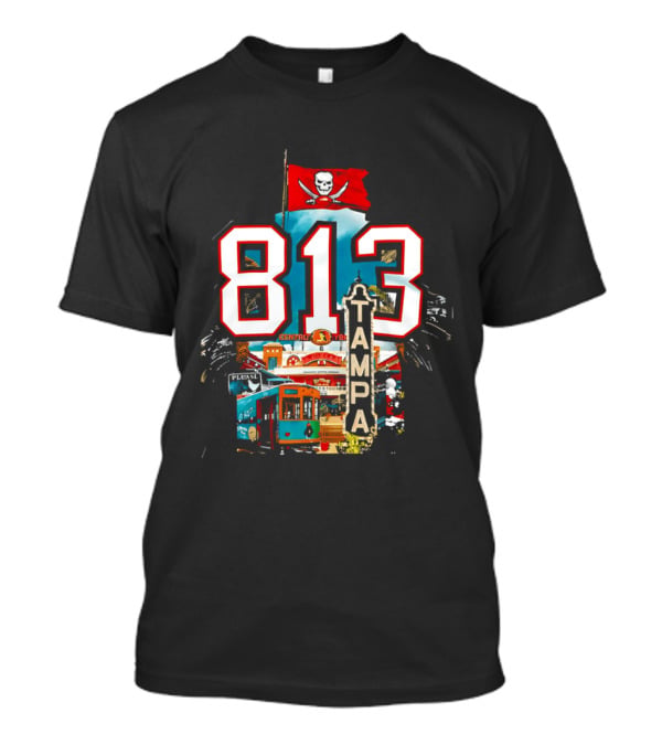 Tampa Bay Buccaneers 813 Day Celebration With Pirate Flag And Tampa Landmarks T-Shirt