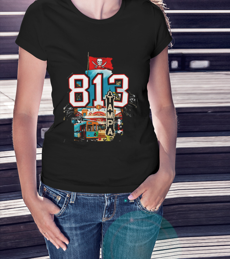 Tampa Bay Buccaneers 813 Day Celebration With Pirate Flag And Tampa Landmarks T-Shirt