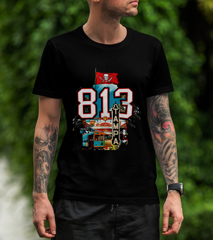 Tampa Bay Buccaneers 813 Day Celebration With Pirate Flag And Tampa Landmarks T-Shirt