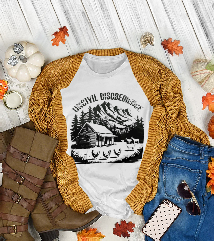 Uncivil Disobedience Distressed Mountain Cabin Homestead With Chickens And Goats T-Shirt