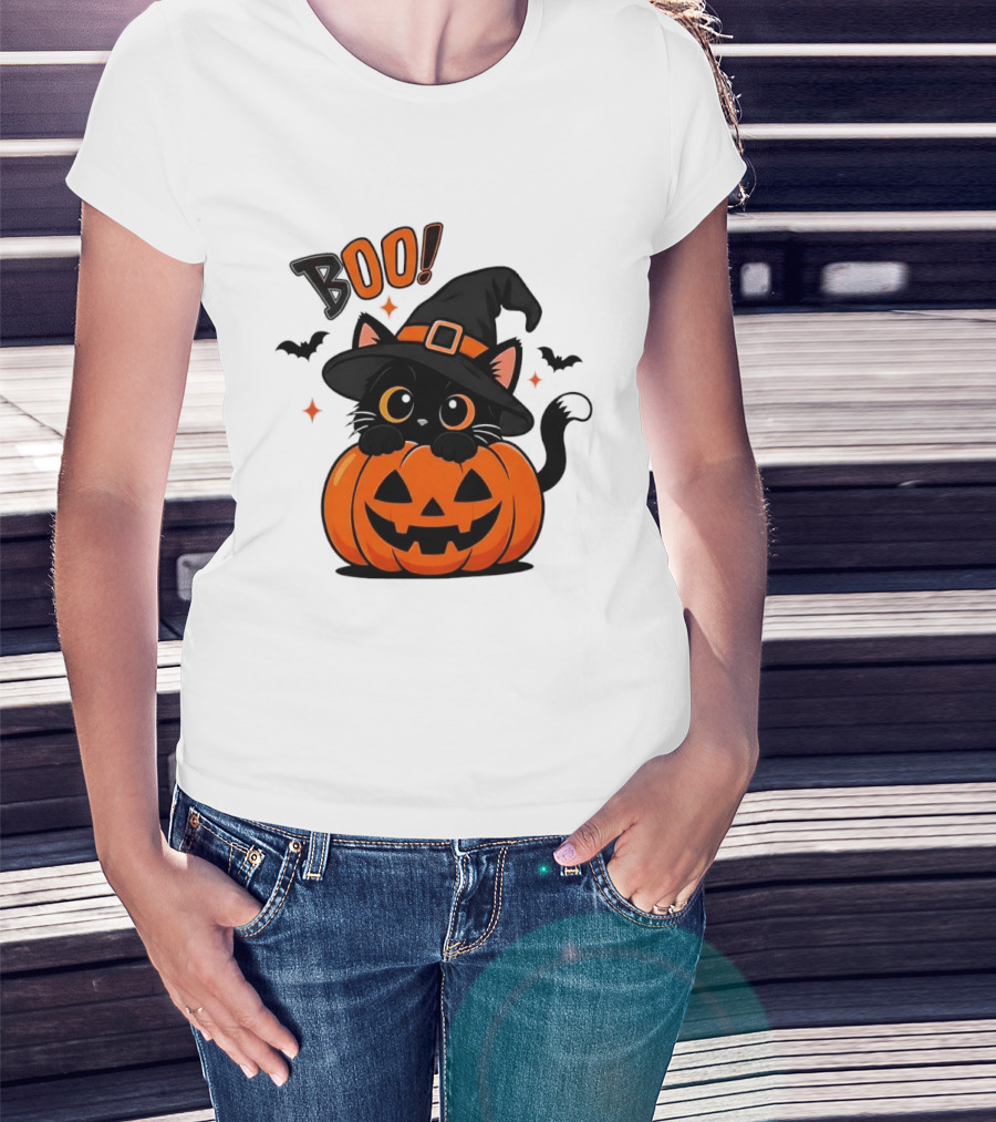 Boo Halloween Black Cat Witch Hat Jack O Lantern Pumpkin T-Shirt