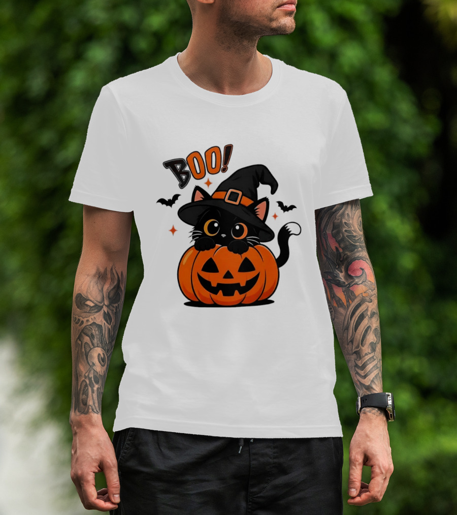Boo Halloween Black Cat Witch Hat Jack O Lantern Pumpkin T-Shirt