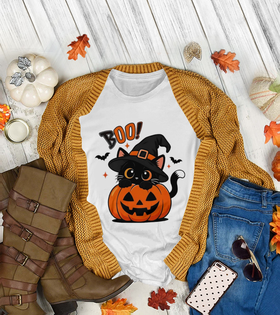Boo Halloween Black Cat Witch Hat Jack O Lantern Pumpkin T-Shirt