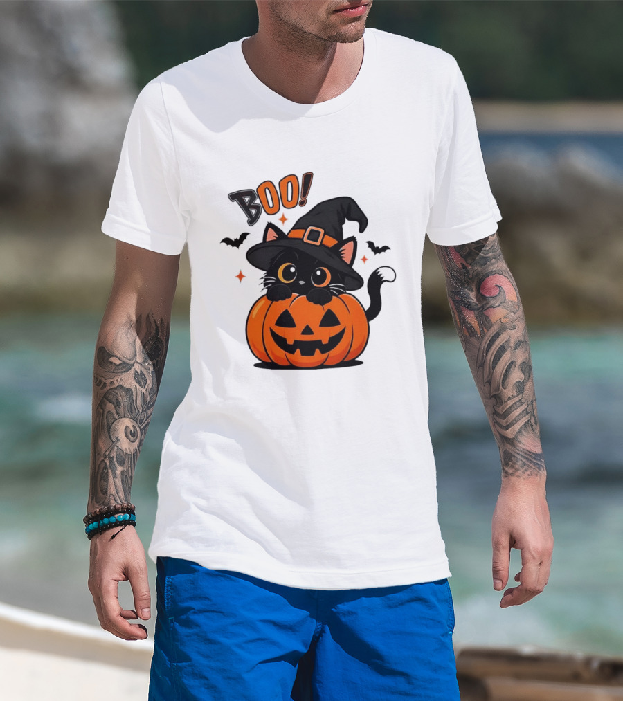 Boo Halloween Black Cat Witch Hat Jack O Lantern Pumpkin T-Shirt