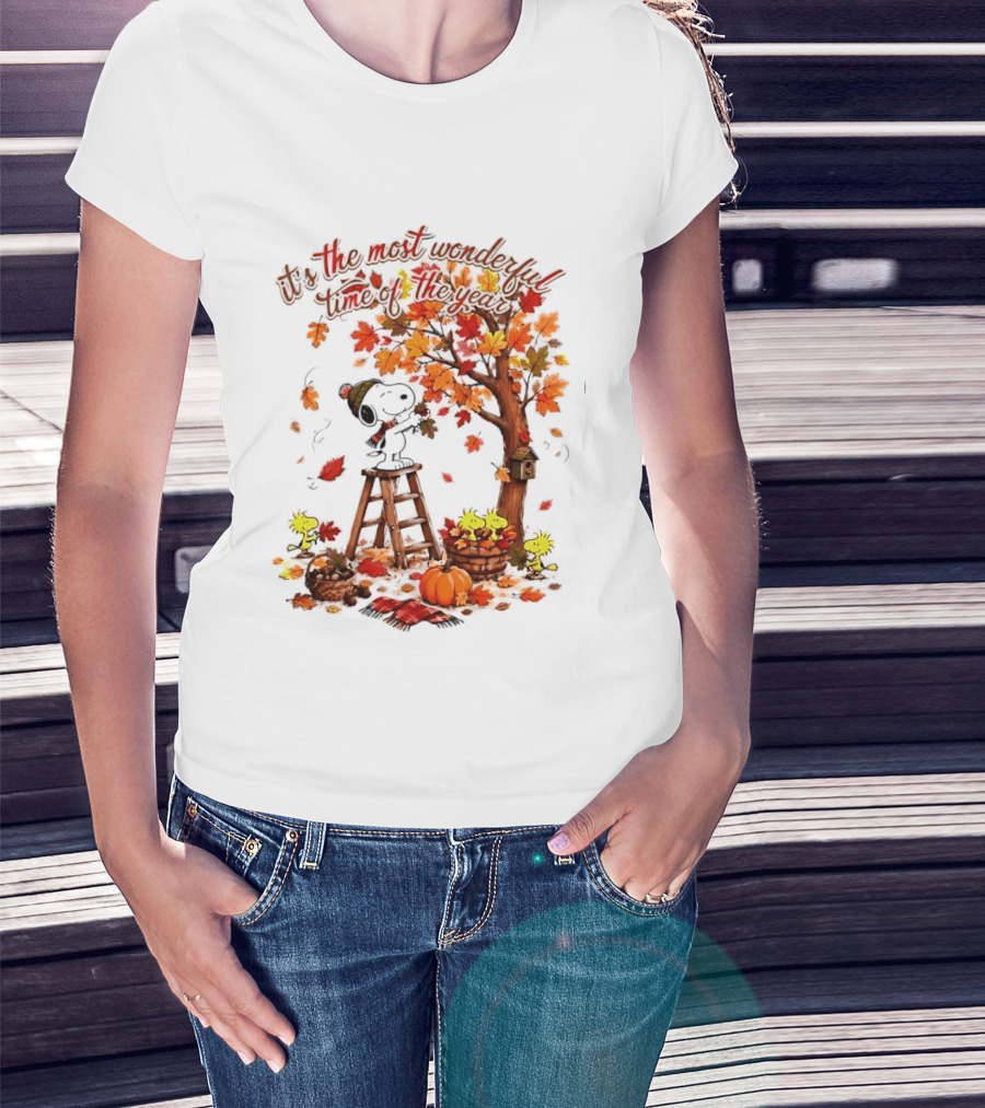 Snoopy It's The Most Wonderful Time Of The Year Autumn Tree Pumpkin Woodstock T-Shirt