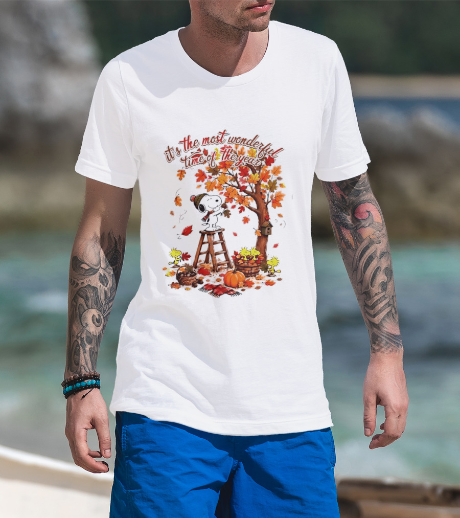 Snoopy It's The Most Wonderful Time Of The Year Autumn Tree Pumpkin Woodstock T-Shirt
