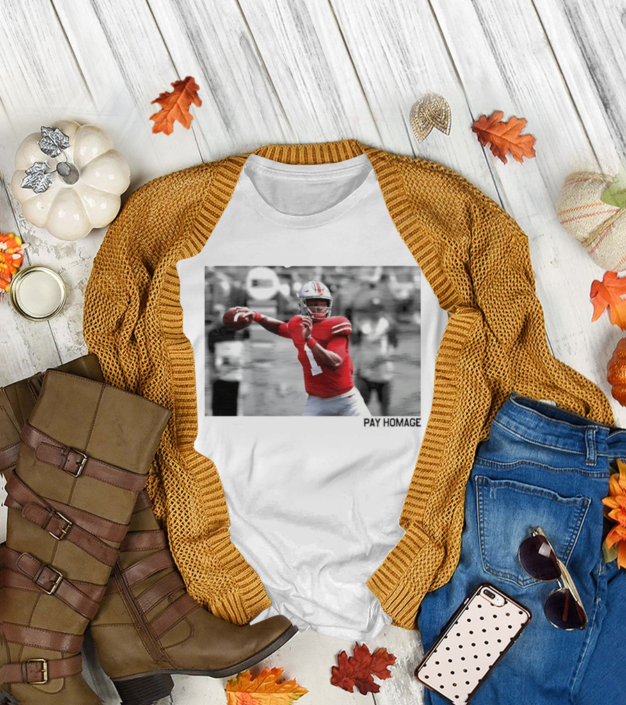 Ohio State Buckeyes NCAA Pay Homage Quarterback Throwing Football Selective Color Photo T-Shirt