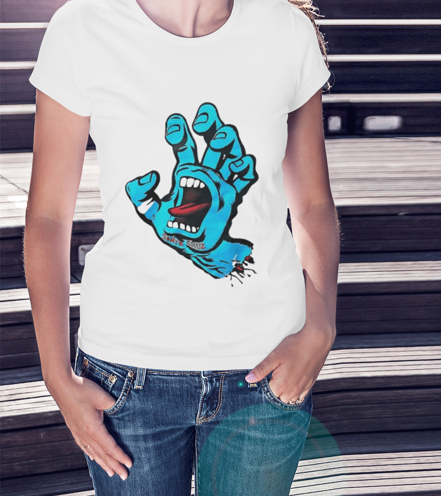 Santa Cruz Blue Screaming Hand Open Mouth Tongue Cartoon T-Shirt