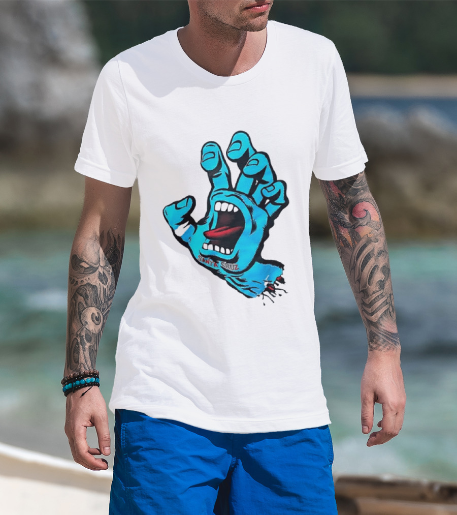 Santa Cruz Blue Screaming Hand Open Mouth Tongue Cartoon T-Shirt