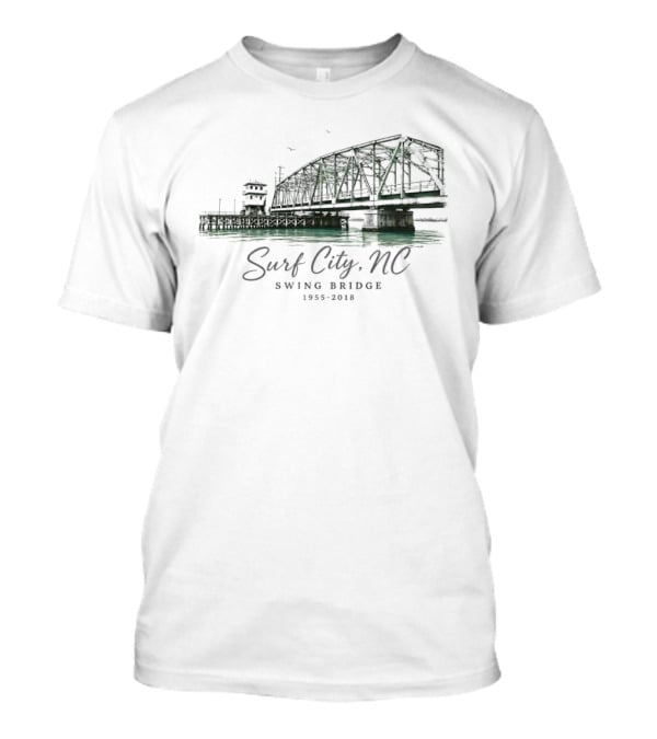 Surf City NC Swing Bridge 1955 2018 Water Birds Coastal Pier Green Watercolor T-Shirt