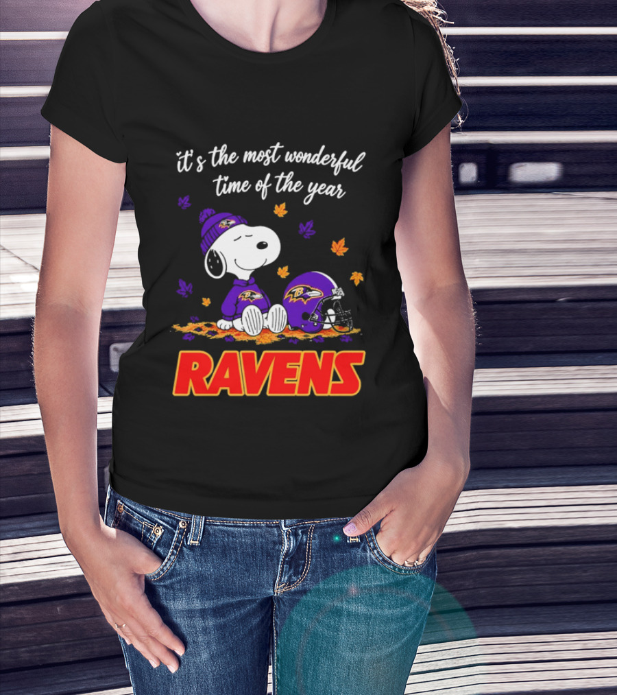 Baltimore Ravens It's The Most Wonderful Time Of Year Snoopy Sitting Leaves Football Helmet T-Shirt