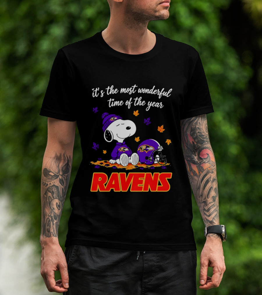 Baltimore Ravens It's The Most Wonderful Time Of Year Snoopy Sitting Leaves Football Helmet T-Shirt