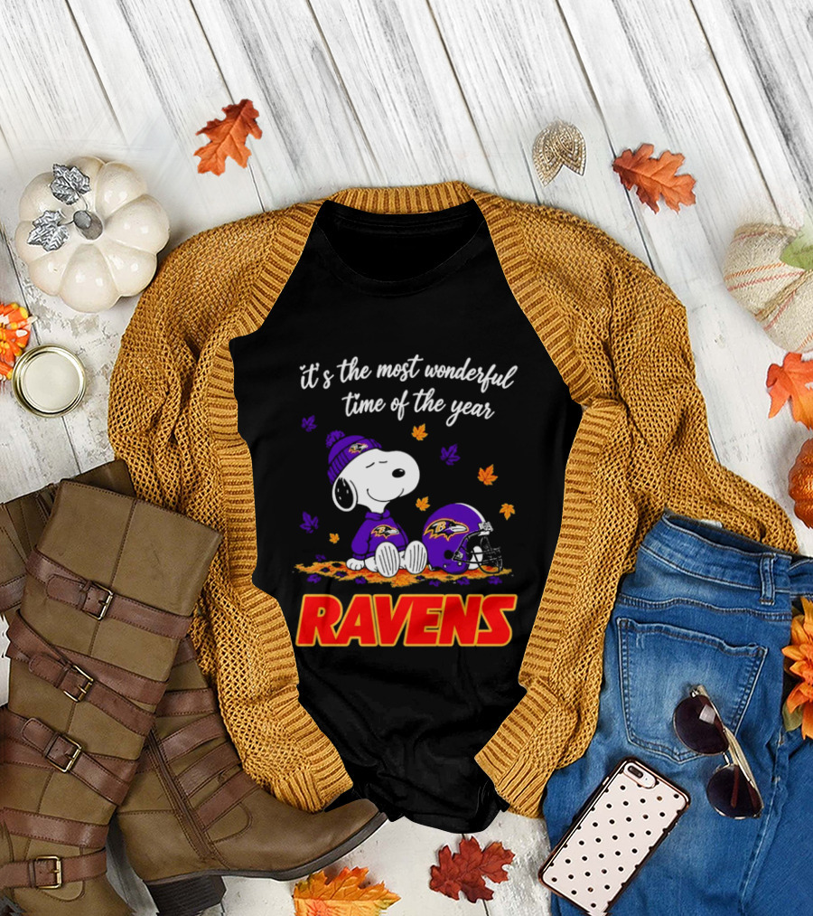 Baltimore Ravens It's The Most Wonderful Time Of Year Snoopy Sitting Leaves Football Helmet T-Shirt