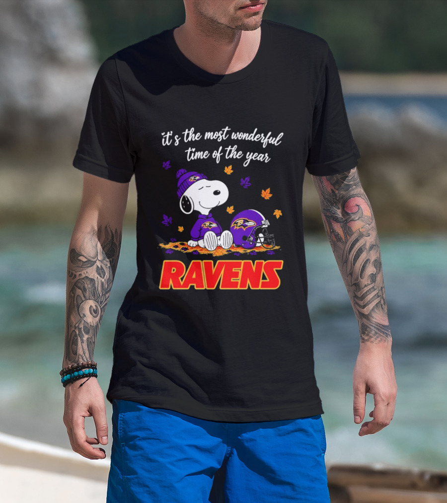 Baltimore Ravens It's The Most Wonderful Time Of Year Snoopy Sitting Leaves Football Helmet T-Shirt