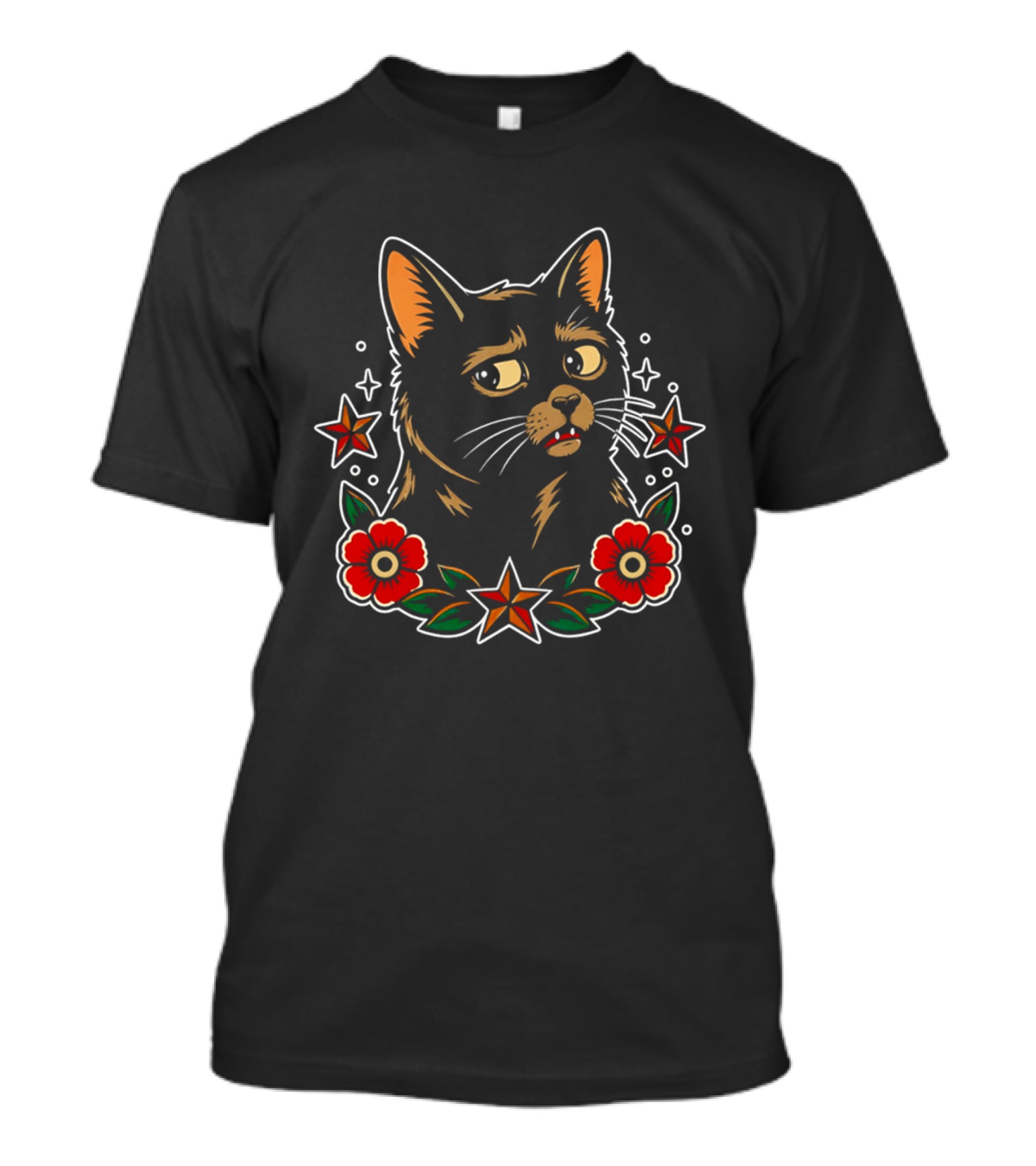 Black Cat Surrounded By Stars And Red Flowers T-Shirt