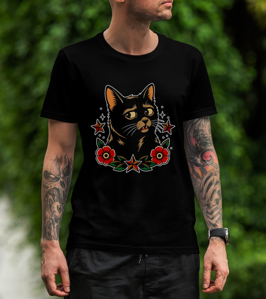 Black Cat Surrounded By Stars And Red Flowers T-Shirt