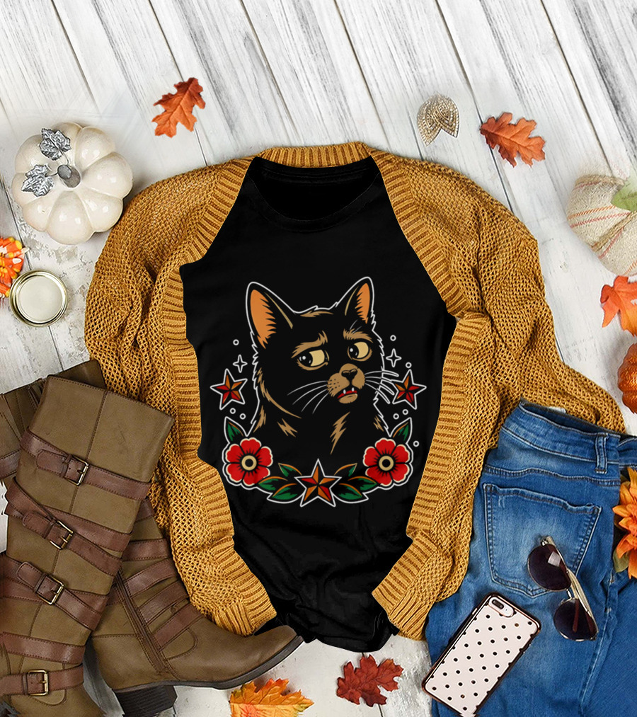 Black Cat Surrounded By Stars And Red Flowers T-Shirt