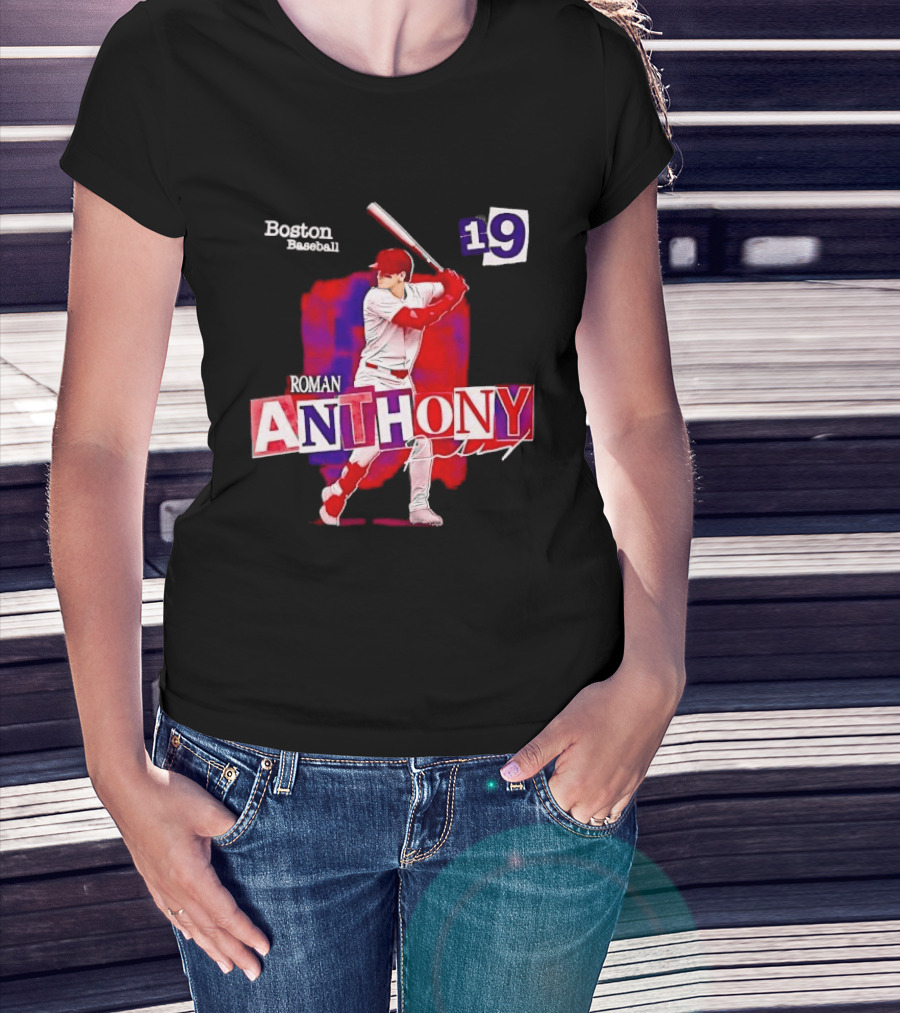Boston Baseball 19 Roman Anthony Player Batting Red Paint T-Shirt