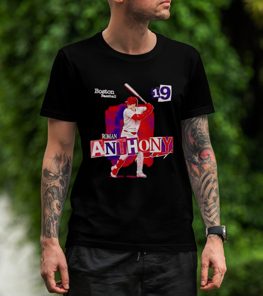 Boston Baseball 19 Roman Anthony Player Batting Red Paint T-Shirt