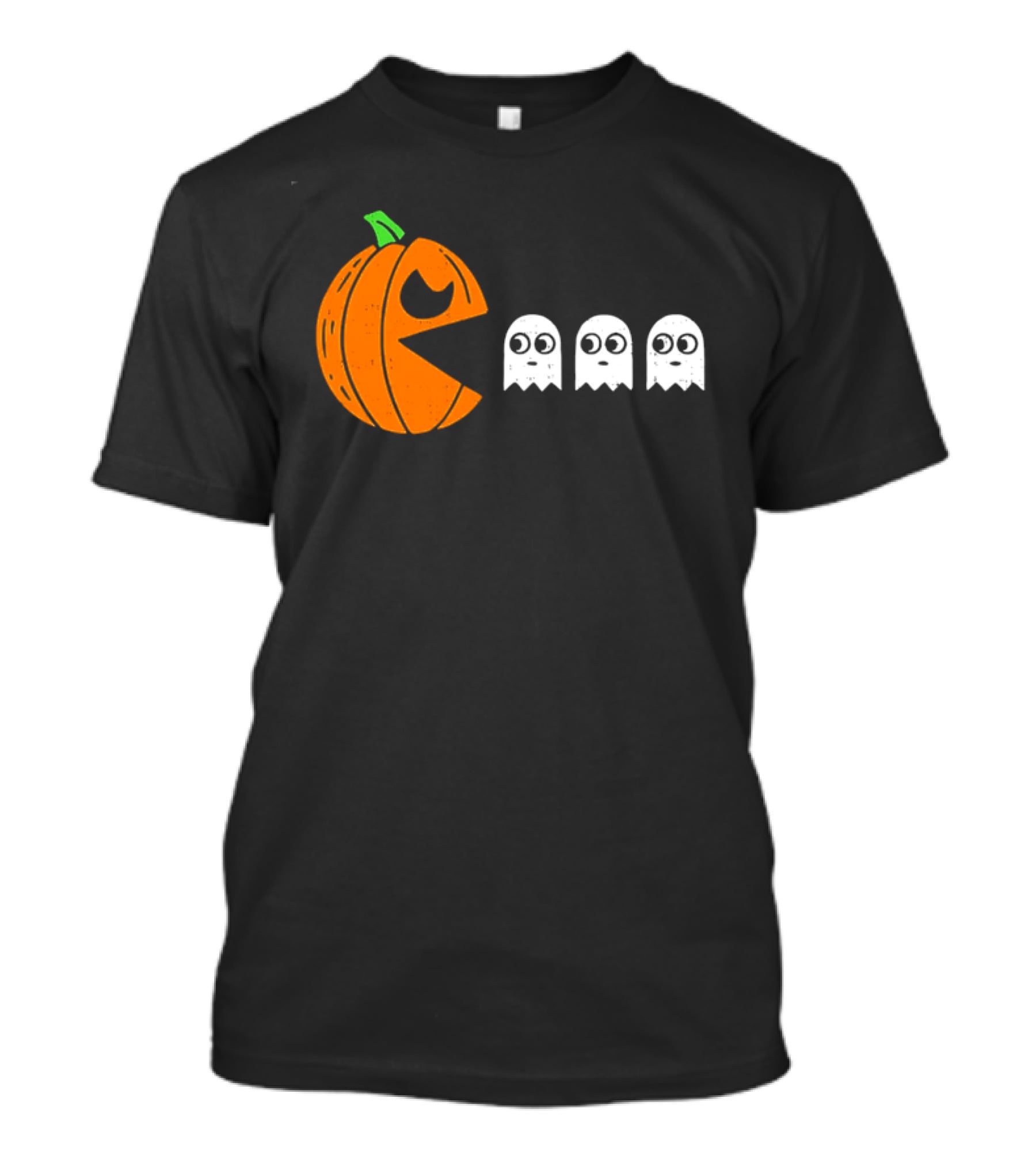 Halloween Pumpkin Pac Man Chasing White Ghosts Distressed Cartoon T-Shirt