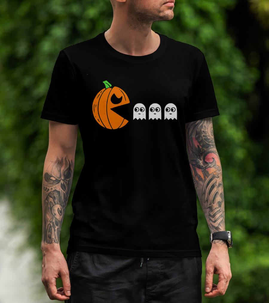 Halloween Pumpkin Pac Man Chasing White Ghosts Distressed Cartoon T-Shirt