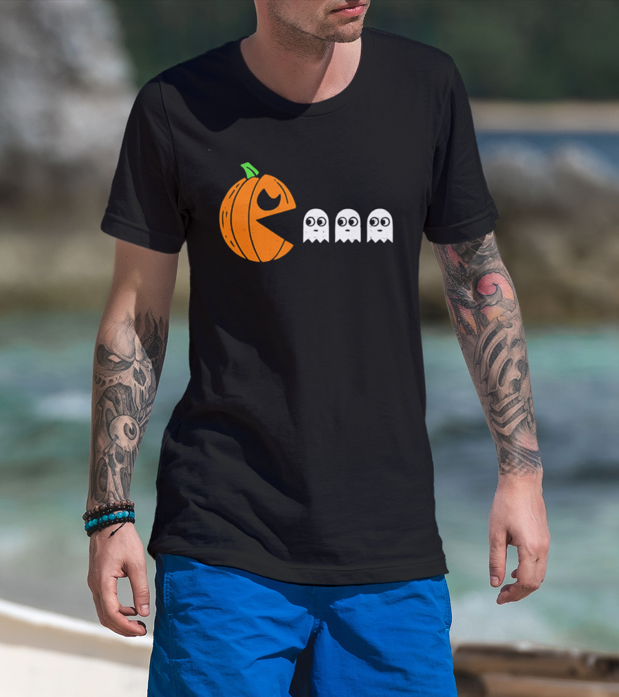Halloween Pumpkin Pac Man Chasing White Ghosts Distressed Cartoon T-Shirt