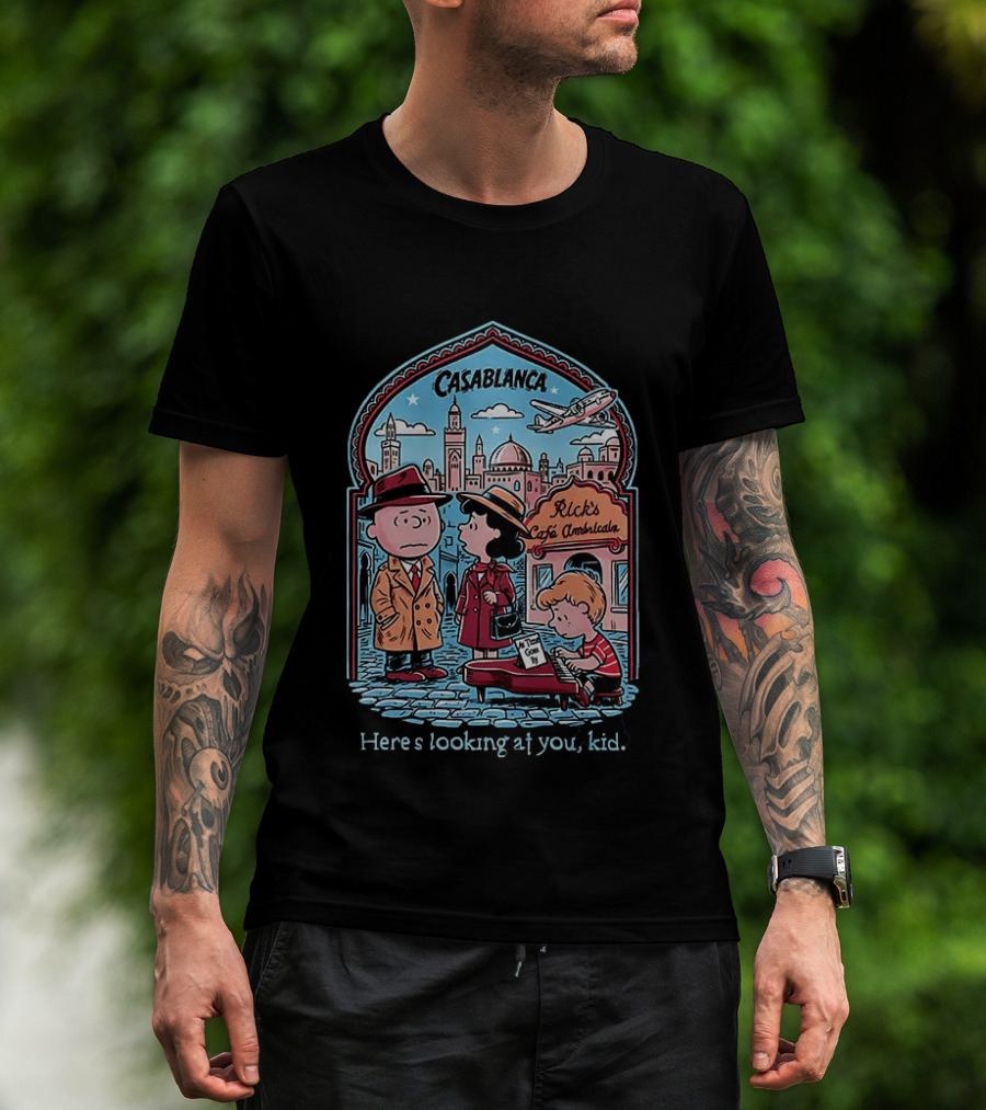 Charlie Brown Lucy Linus Peanuts Casablanca Rick's Café Americain Here's Looking At You Kid T-Shirt
