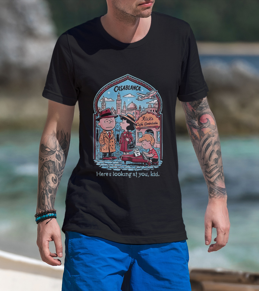 Charlie Brown Lucy Linus Peanuts Casablanca Rick's Café Americain Here's Looking At You Kid T-Shirt