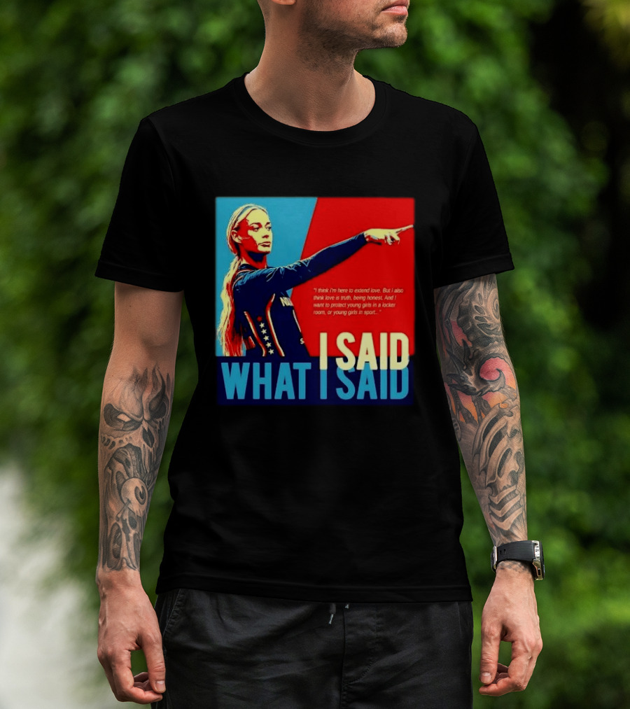 I Said What Blonde Female Athlete Pointing Red Blue Stylized Truth Honesty Protecting Young Girls In Sport T-Shirt