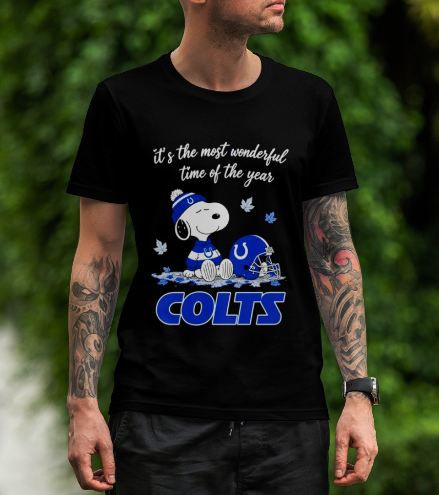 Indianapolis Colts Snoopy Beanie Helmet Leaves It's The Most Wonderful Time Of The Year T-Shirt