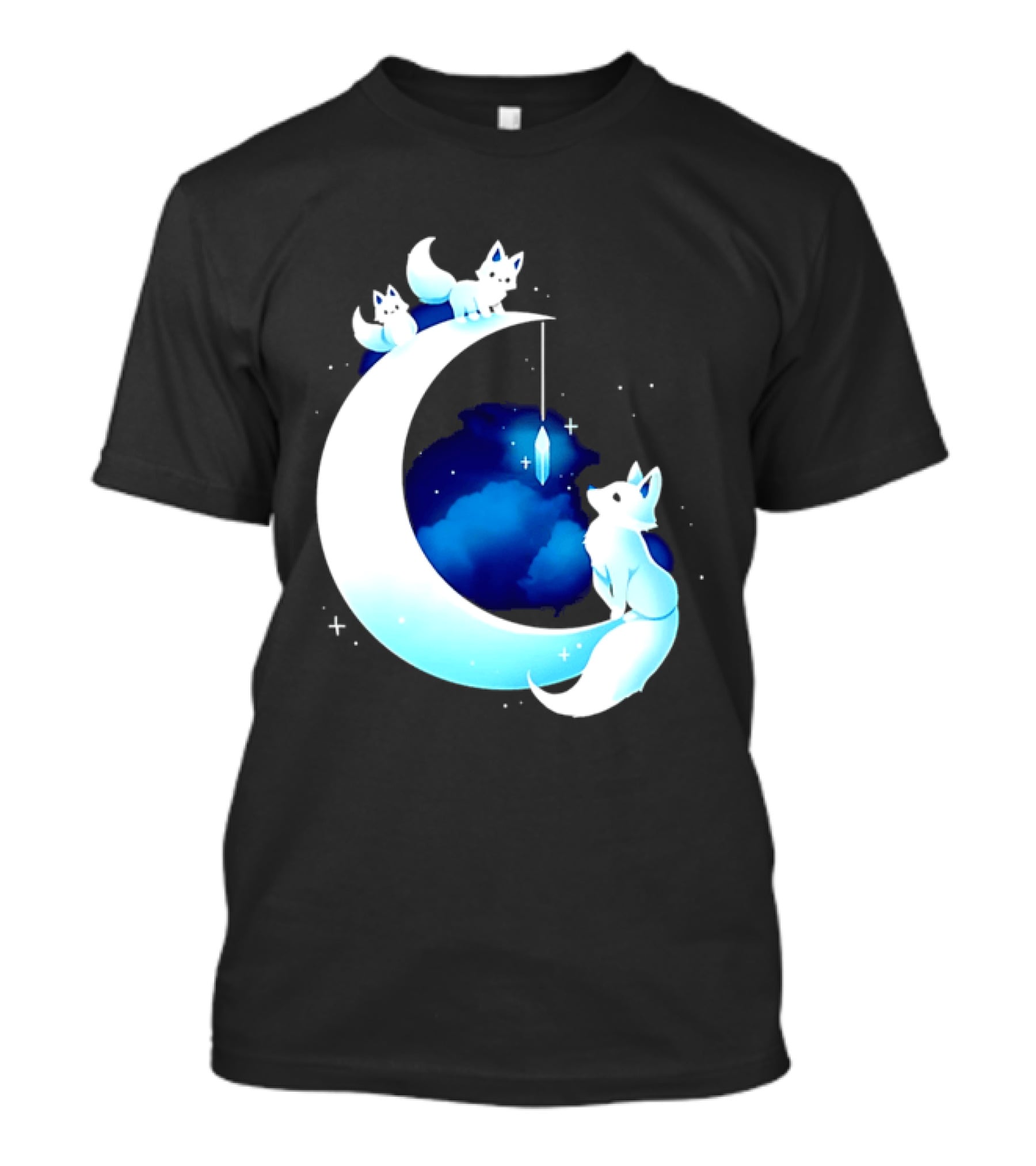 Glowing White Arctic Foxes Crescent Moon Crystal Night Sky T-Shirt