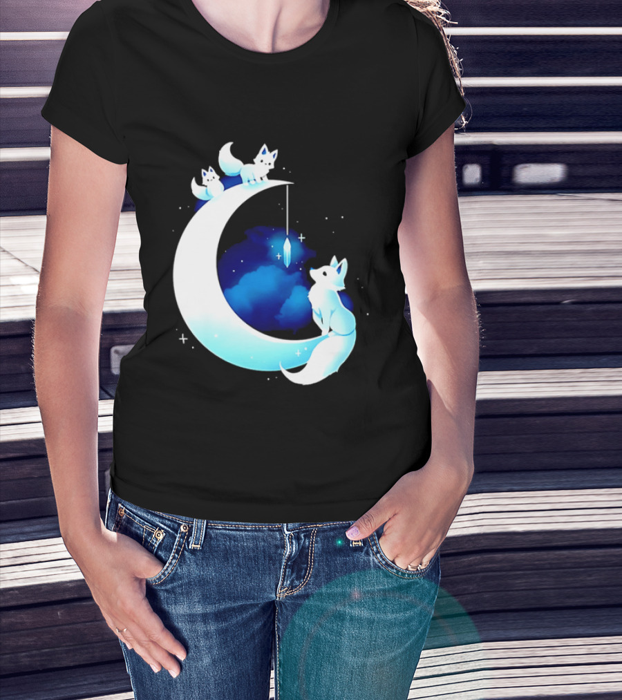 Glowing White Arctic Foxes Crescent Moon Crystal Night Sky T-Shirt
