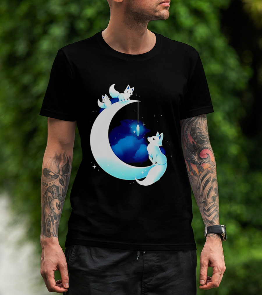 Glowing White Arctic Foxes Crescent Moon Crystal Night Sky T-Shirt