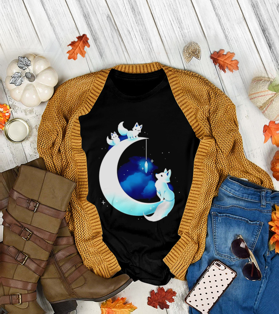 Glowing White Arctic Foxes Crescent Moon Crystal Night Sky T-Shirt