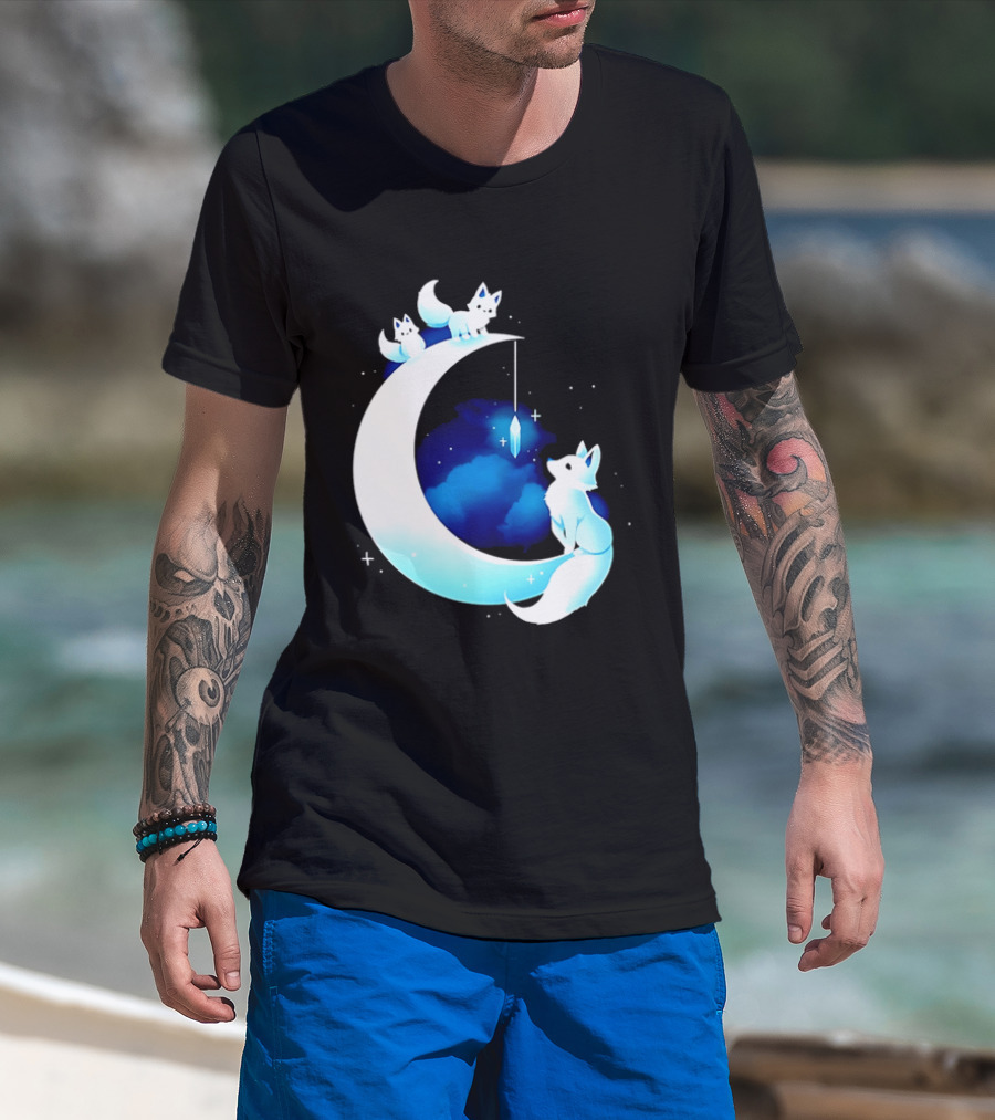 Glowing White Arctic Foxes Crescent Moon Crystal Night Sky T-Shirt