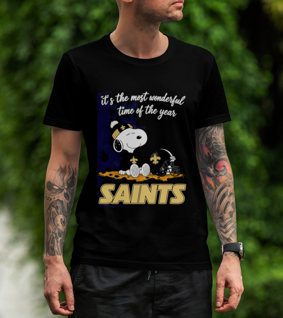 New Orleans Saints Snoopy Beanie Helmet Autumn Leaves Most Wonderful Time Of Year T-Shirt