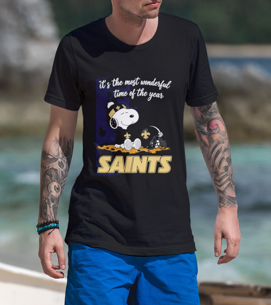 New Orleans Saints Snoopy Beanie Helmet Autumn Leaves Most Wonderful Time Of Year T-Shirt
