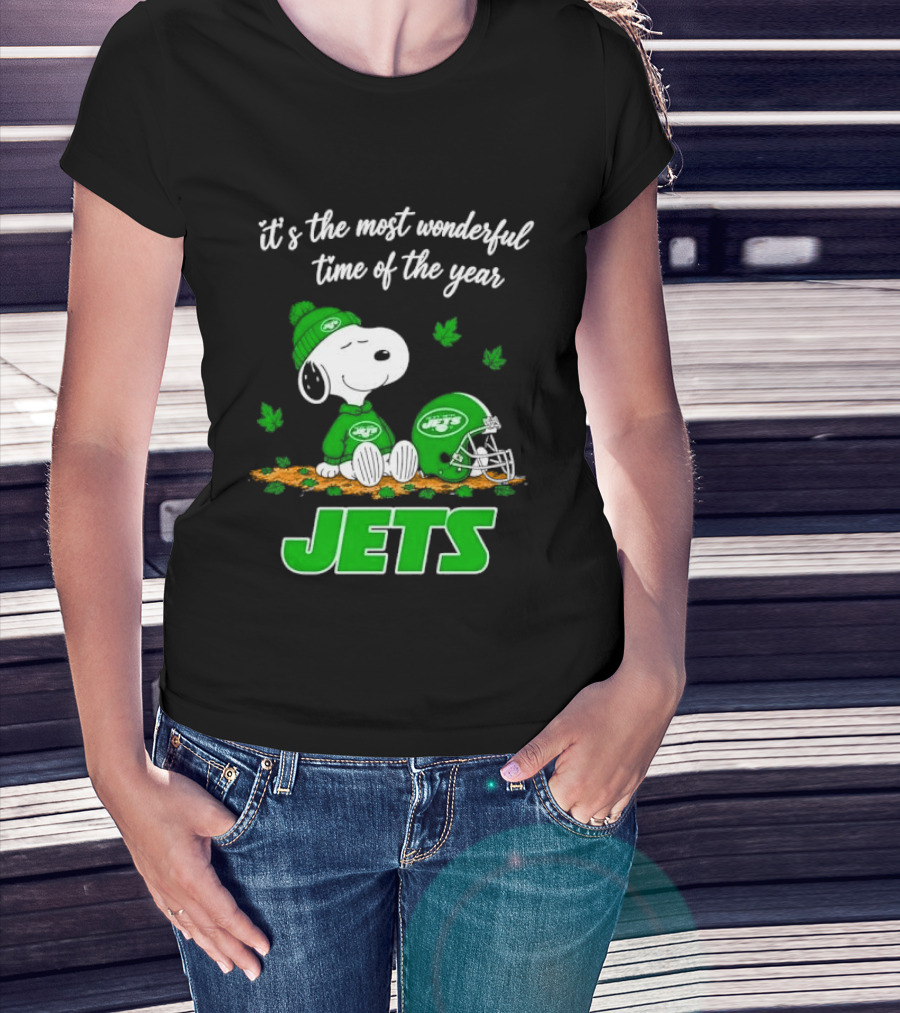 New York Jets It's The Most Wonderful Time Of Year Cartoon Dog Beanie Helmet Autumn Leaves T-Shirt