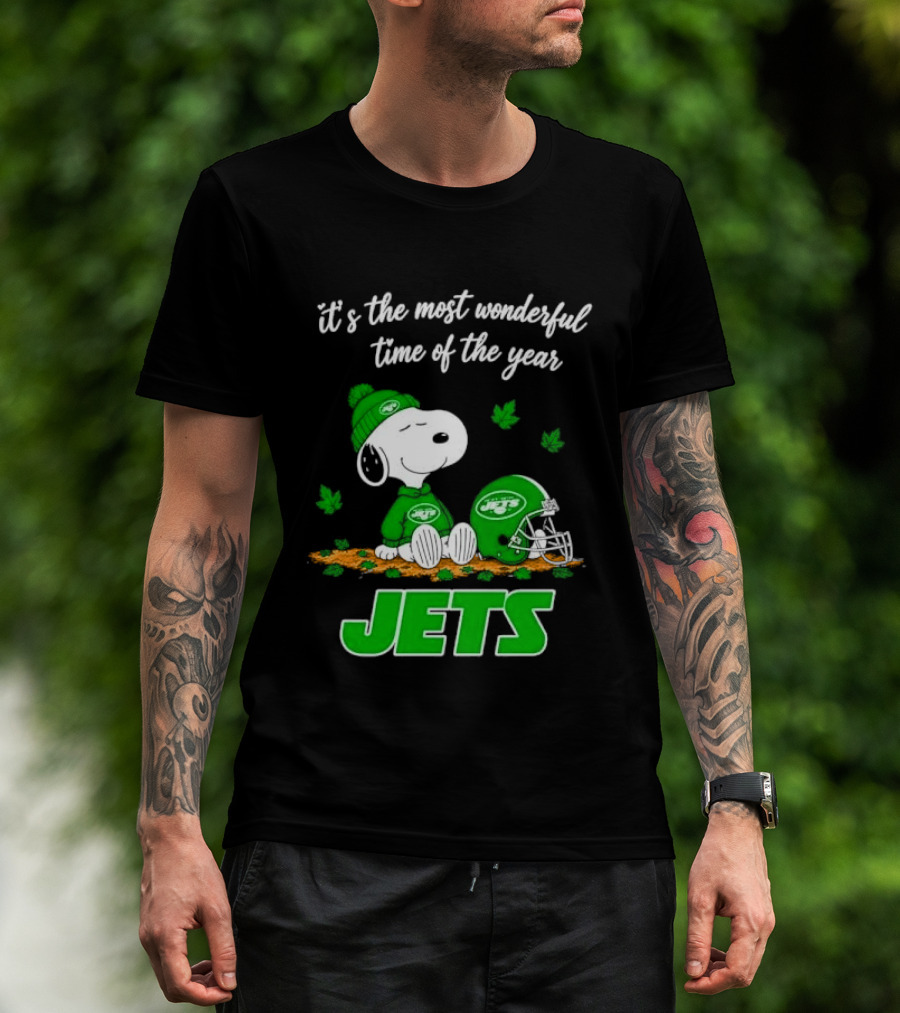 New York Jets It's The Most Wonderful Time Of Year Cartoon Dog Beanie Helmet Autumn Leaves T-Shirt