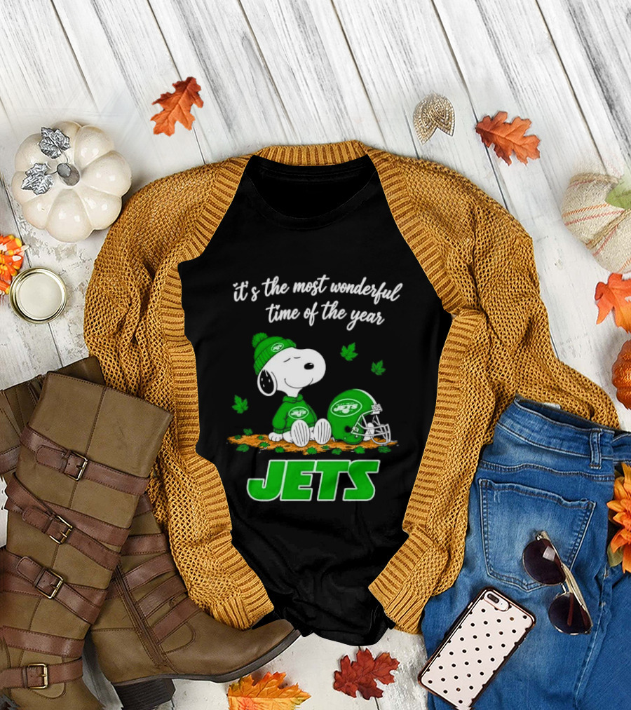 New York Jets It's The Most Wonderful Time Of Year Cartoon Dog Beanie Helmet Autumn Leaves T-Shirt
