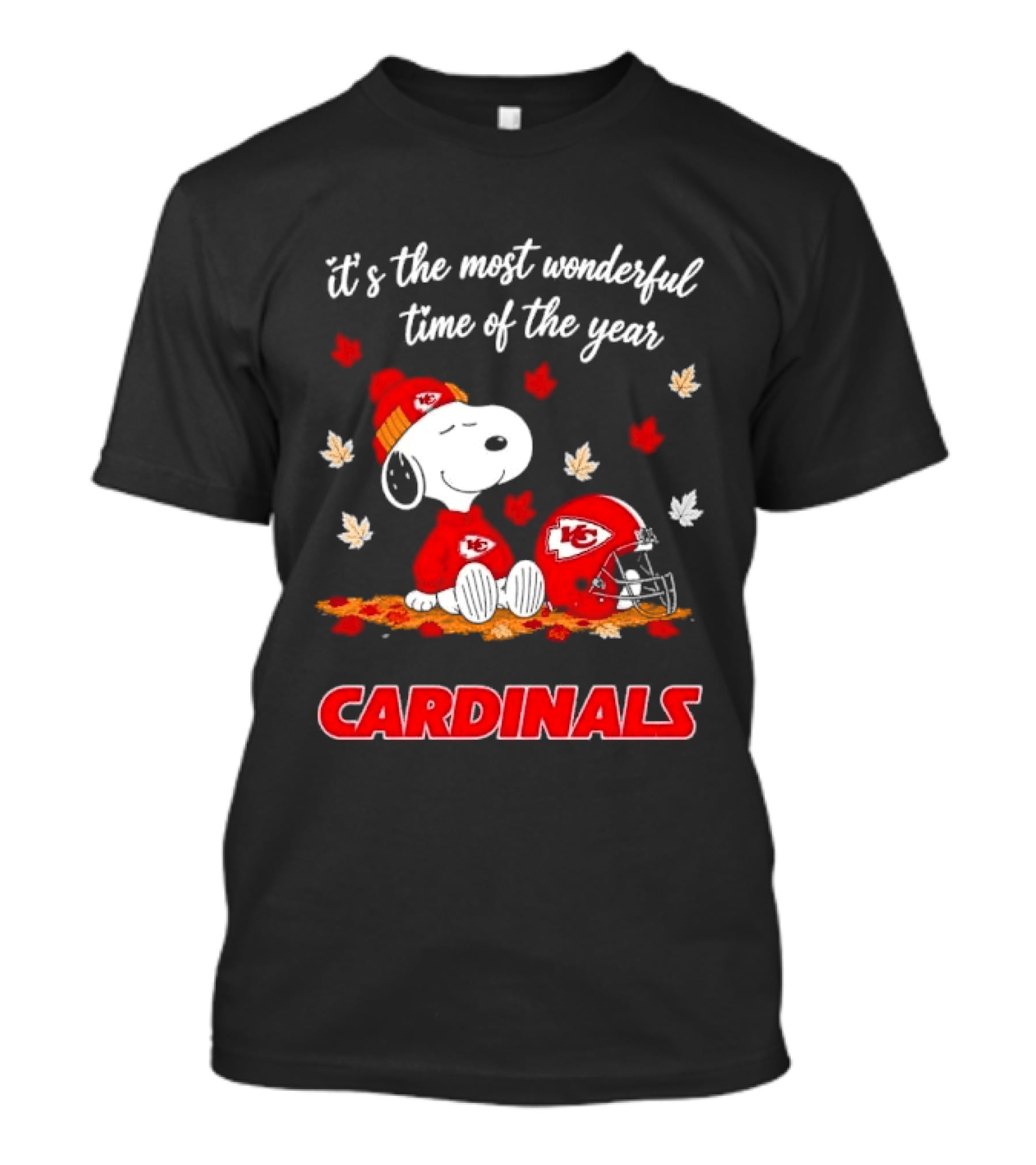Kansas City Chiefs Snoopy Cardinals Autumn Leaves Helmet Wonderful Time Of Year T-Shirt