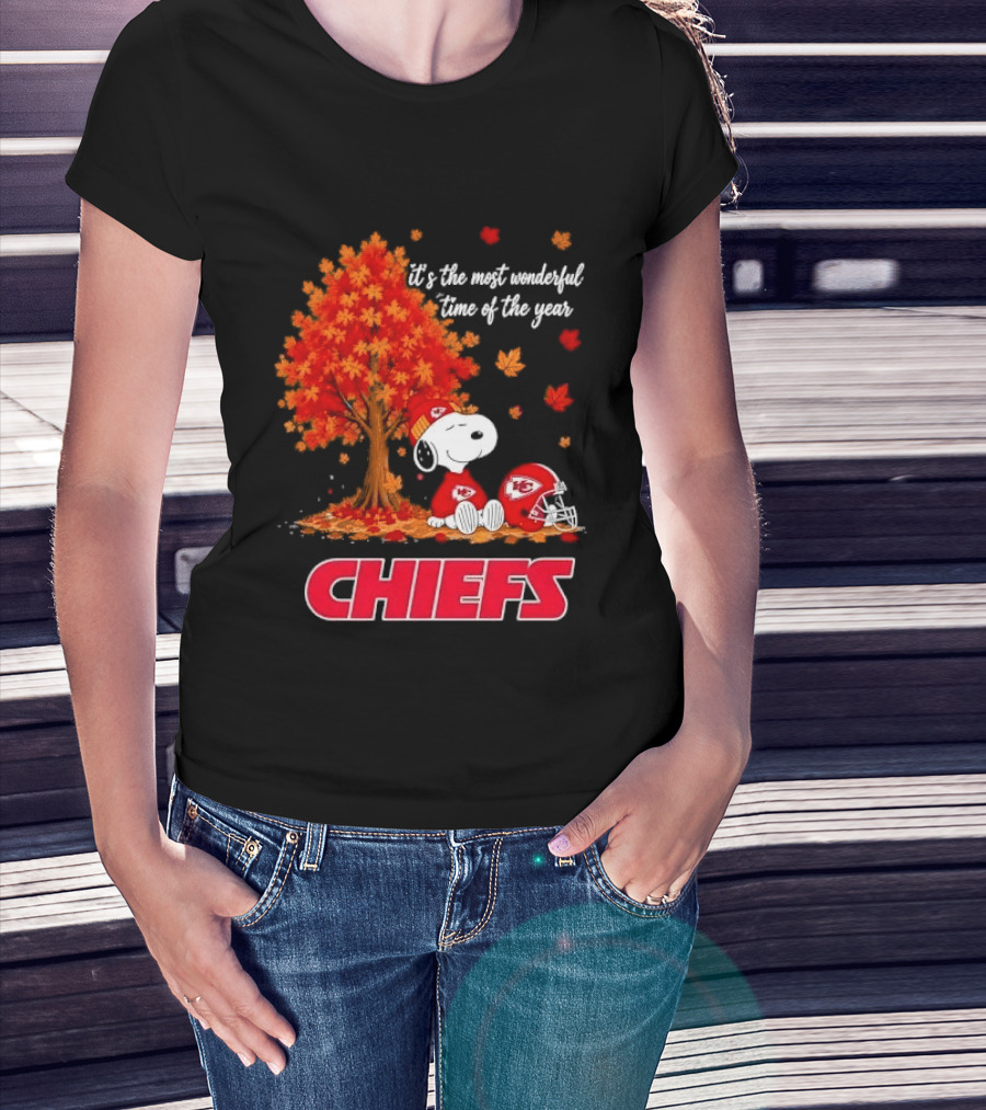 Kansas City Chiefs Snoopy Autumn Tree Football Helmet Most Wonderful Time Of The Year T-Shirt