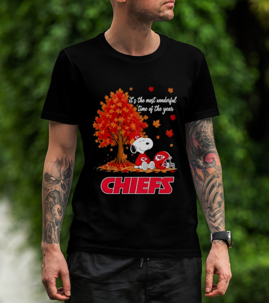 Kansas City Chiefs Snoopy Autumn Tree Football Helmet Most Wonderful Time Of The Year T-Shirt