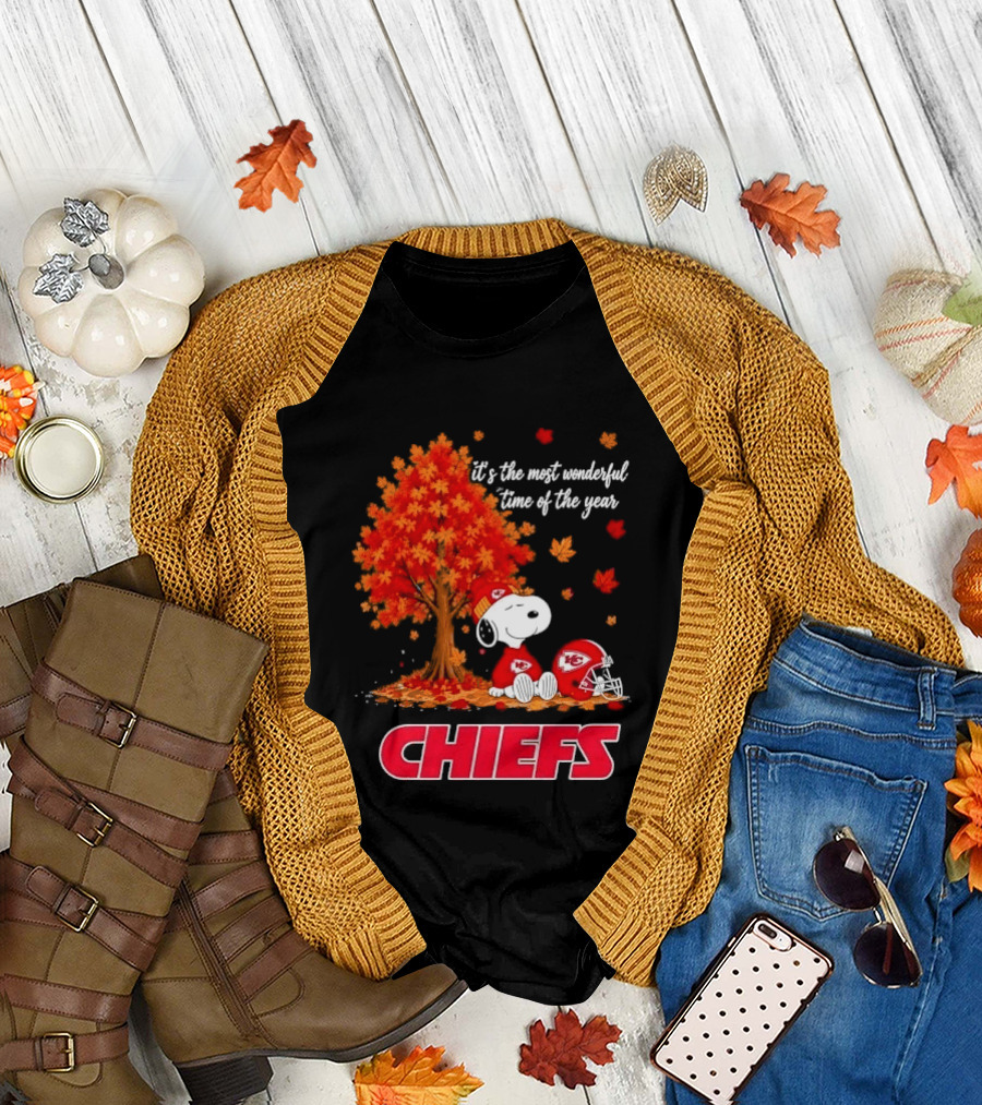 Kansas City Chiefs Snoopy Autumn Tree Football Helmet Most Wonderful Time Of The Year T-Shirt