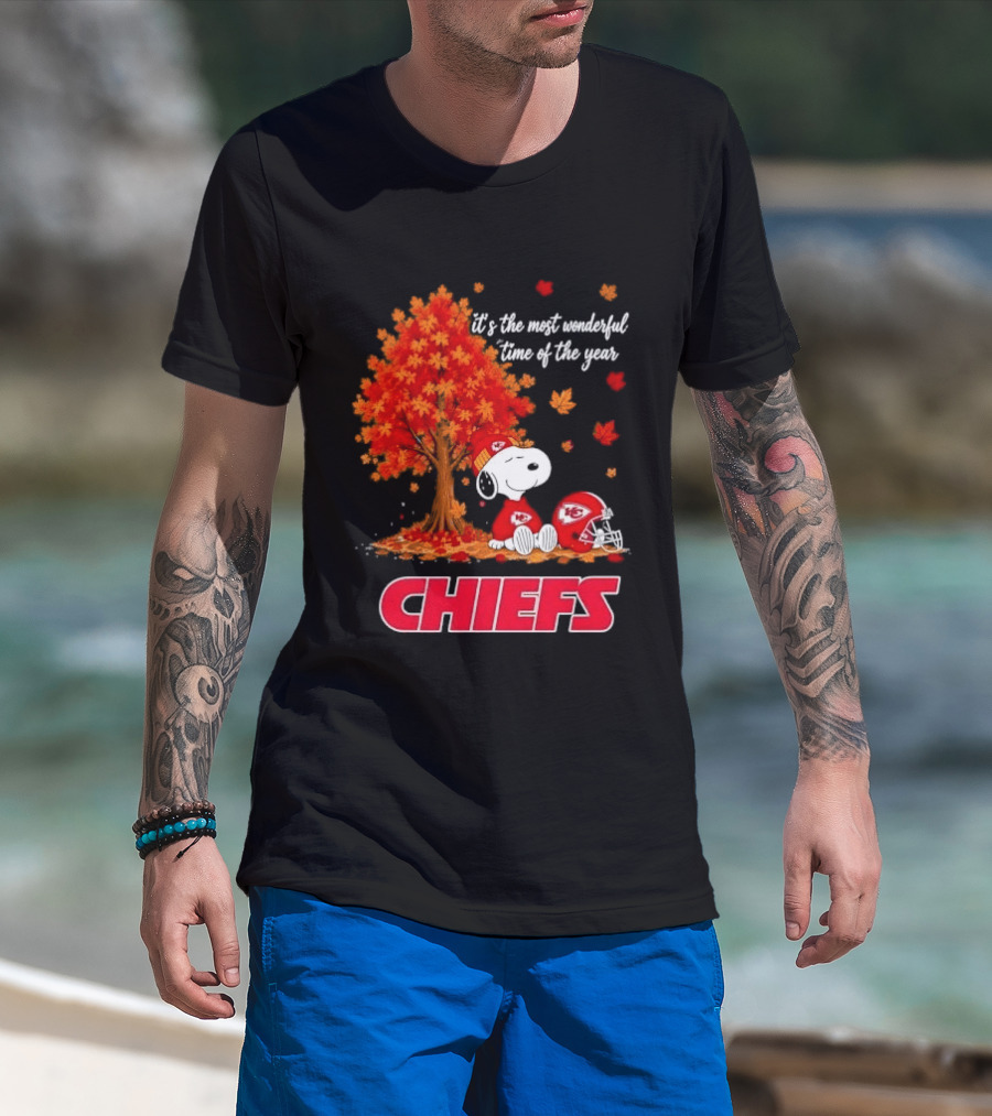 Kansas City Chiefs Snoopy Autumn Tree Football Helmet Most Wonderful Time Of The Year T-Shirt
