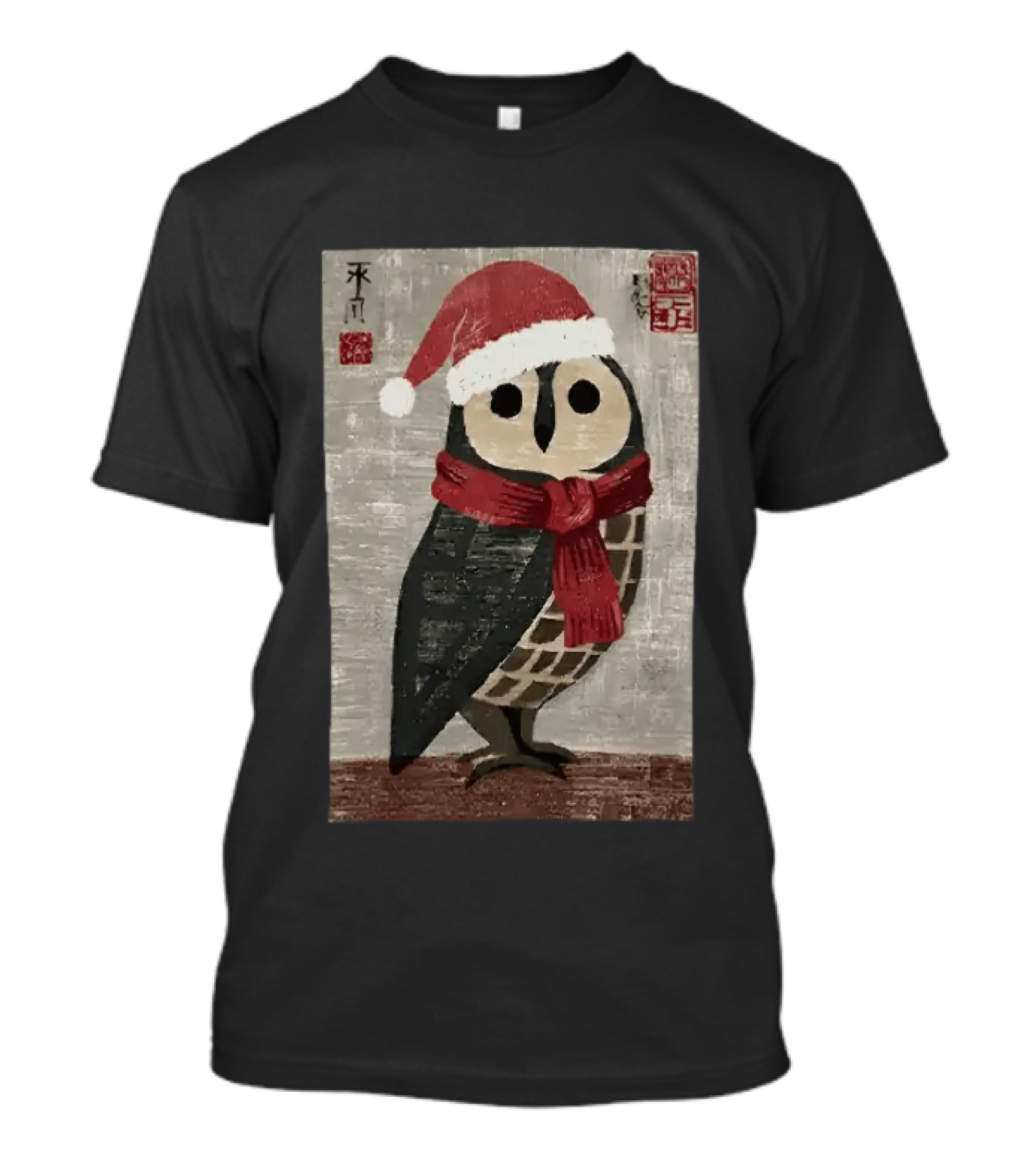 Owl With Red Santa Hat And Scarf Japanese Calligraphy T-Shirt