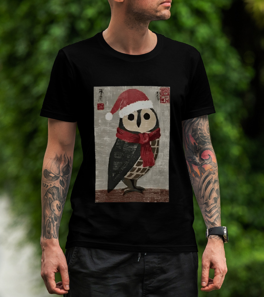 Owl With Red Santa Hat And Scarf Japanese Calligraphy T-Shirt