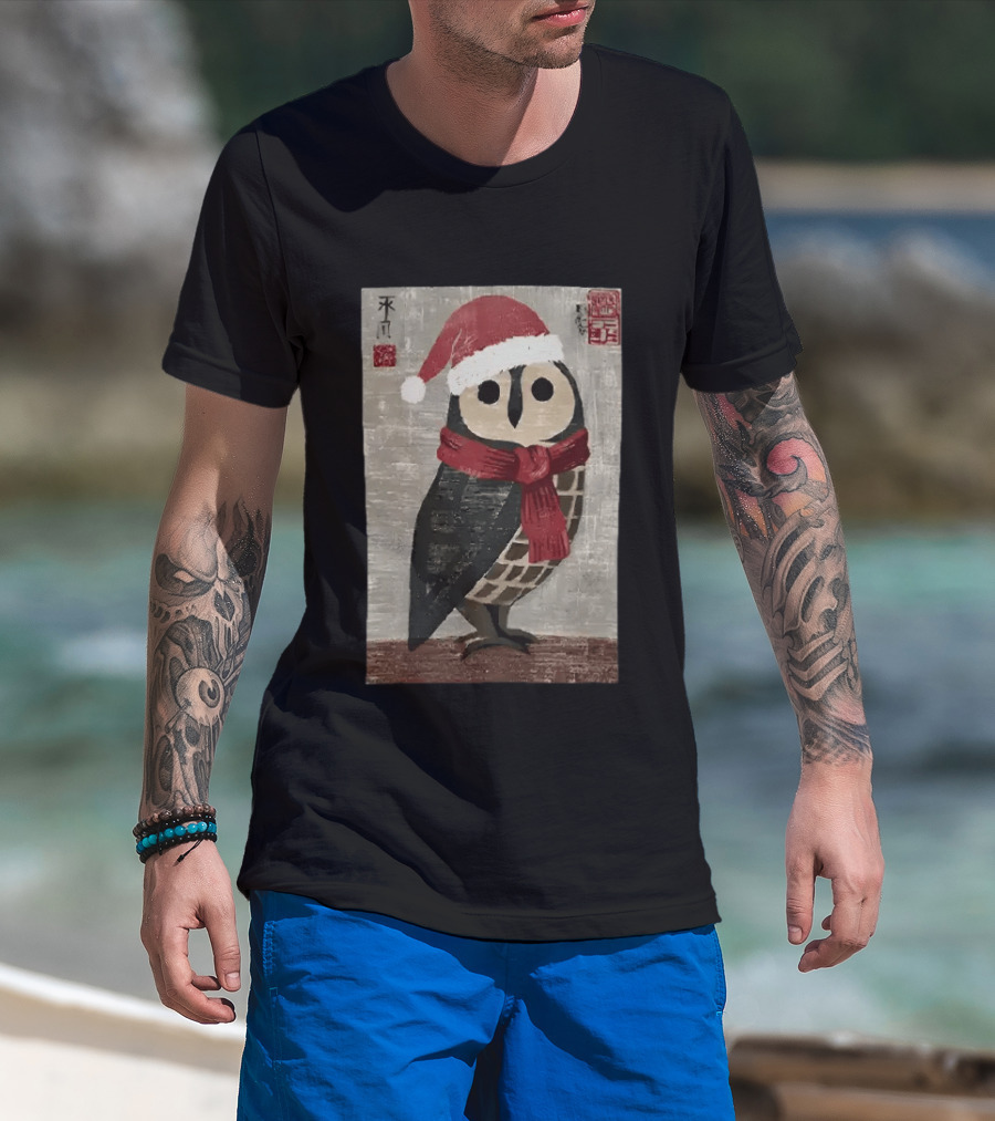 Owl With Red Santa Hat And Scarf Japanese Calligraphy T-Shirt